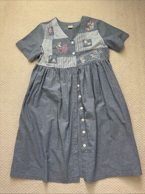 Vintage 90s Bechamel Blue Patchwork Embroidered Button-Front Dress 🌸💐🪏🪴👩🏻‍🌾